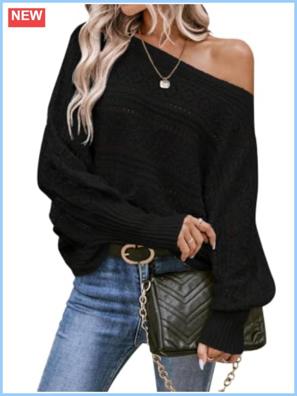Womens Off Shoulder Oversized Knit Pullover Sweater Batwing Sleeve